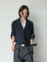 レトロスタイルの衿付きカラーコンビネーションシャツ【男女兼用・カジュアル・スリムフィット】（セットアップ対応）