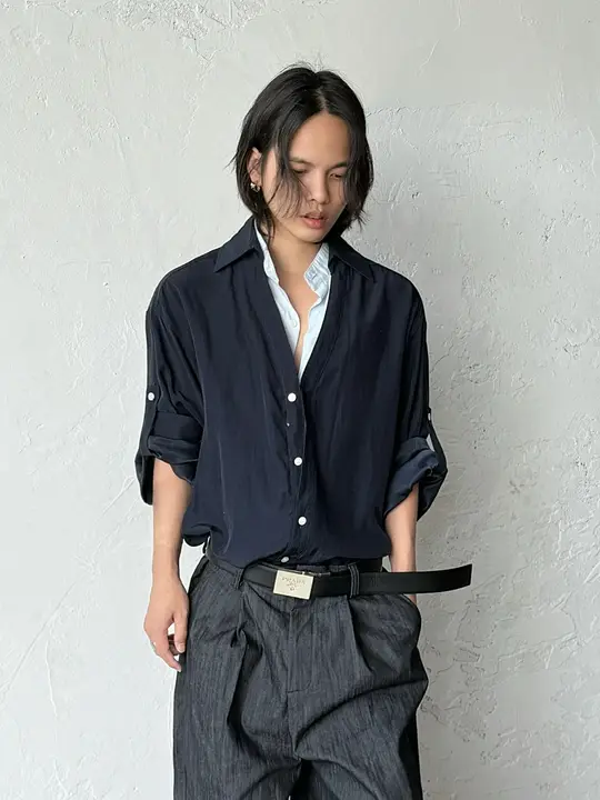 レトロスタイルの衿付きカラーコンビネーションシャツ【男女兼用・カジュアル・スリムフィット】（セットアップ対応）