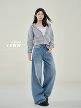アメリカンヴィンテージ風 ゆったりとしたデザインのデニムパンツ【ウォッシュ加工・ストレート・女性用】