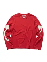 レディース 春用 レッドロングスリーブTシャツ【リボンプリント・コットン・ゆったりシルエット】
