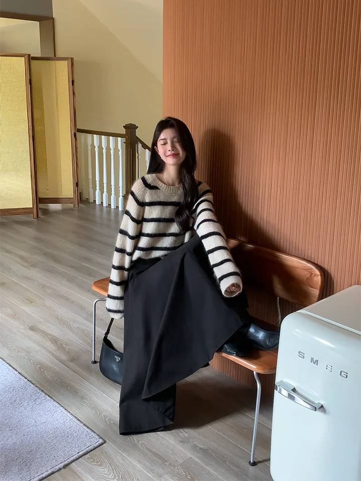 スカート 黒 Aライン 多層パッチワーク 春秋 ハイウエスト プリーツ