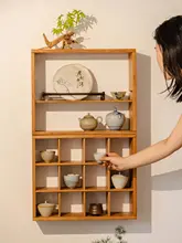 無垢材製 壁掛け格子型収納ラック【ティーカップ・ティーセット展示用・新中式デザイン】