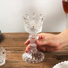 キャンドルスタンド ガラス 王冠エンボス 脚付き フレンチ風 ヴィンテージ ダイニング テーブル インテリア インスタ映え