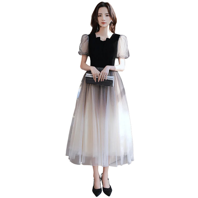 エレガントな長袖フレンチスタイルイブニングドレス【軽やかな高級感・冬用・成人礼・女性用】