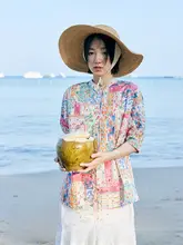 半袖シャツ レディース クルーネック バイカラー 総柄 おしゃれ リゾート 夏