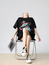 カラフルなカートゥーンスパンコールプリントの短袖Tシャツ【デザイン性の高い・ブラック・スリム効果】