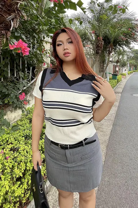 グレーのハイウエストAラインスカート【大きいサイズ・夏用・女性用】（セットアップ対応）