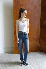 高腰ストレートデニムパンツ【梨形・ウォッシュ加工・9分丈】