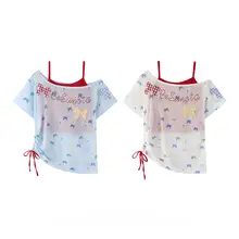 リボン付きチェック柄スラッシュショルダー半袖Tシャツ【夏用・キャミソール付・UVカット】（セットアップ対応）
