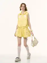 夏用レトロデザインのリボン付きハイウエストAラインスカート【イエロー】