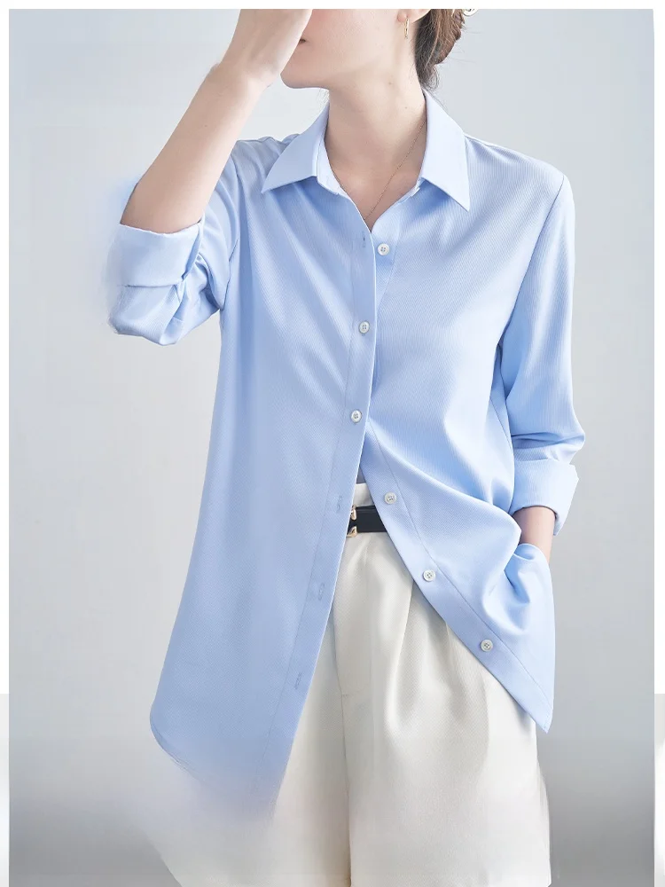 春秋用 長袖シャツ【浅い青・高級感・シワになりにくい・通勤向け】 大人可愛い服 50代コーデに最適
