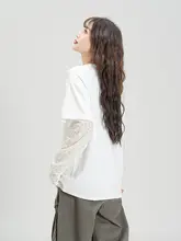 レディースラウンドネック長袖Tシャツ【レースメッシュ切り替え・春秋用】（セットアップ対応）