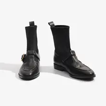 ブラックエラスティックフィット靴【冬用・ニットソックスブーツ・バックル付き・フレンチスタイル】