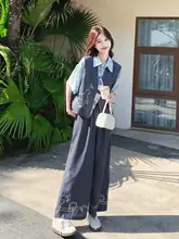 文芸的なデザインの夏用三点セット【格子柄・ジレ・半袖シャツ・ワイドパンツ】（セットアップ対応）