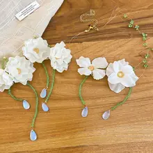 水晶パール花とフリンジのイヤリング＆ネックレス【清新で甘いデザイン・軽やかな印象】（セットアップ対応）