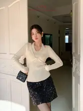 輝くビーズのハイネックニットセーター【優雅なツイストデザイン・フランス風・女性用】（セットアップ対応）