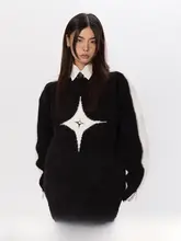 デザイン性のあるジッパーオフショルダーカラー切替セーター【金属装飾・モヘア混】