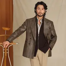 ヴィンテージ洗い加工のダブルブレストレザーコート【男性用・テーラードジャケット】
