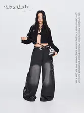 ブラックグレーのゆったりしたヒップホップデニムパンツ【ビンテージ風・カジュアル・スリム効果】（セットアップ対応）