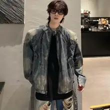 レトロ風ウォッシュデザインの立襟パッド入りデニムジャケット【男女兼用・秋用・カジュアル・ ジッパー】