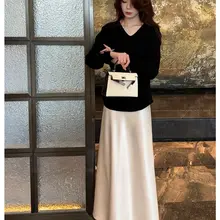 秋の新作エレガントなVネック長袖ブラウス【ルーズフィット・ウエストベルト付き】とスカート（セットアップ対応）