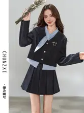 春の新作 カラーブロックデザインのショートシャツとプリーツスカートの女性用コーディネート（セットアップ対応）