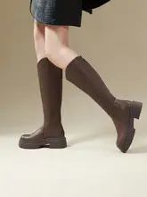 厚底のブラウンロングブーツ【女性用・脚長効果・バルキー】