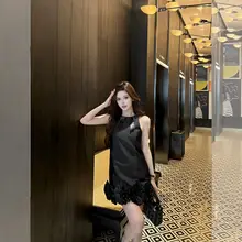 リボン装飾の立体花デザイン無袖ドレス【スタイルアップ・上品な雰囲気】