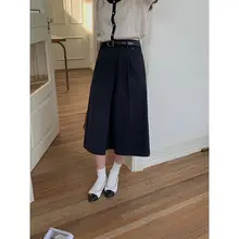 ウエストベルト付き Aライン女性用ロングスカート【皺デザイン・春夏秋向け】