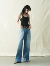 竹節模様のデコンストラクションフリル付きデニムパンツ【レトロ・スリムストレート】
