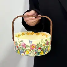 レトロな花柄陶製ハンドル付きフルーツバスケット【家庭用・リビング・おやつ皿・ギフト対応】