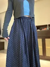 深い藍色のドット柄ワイドパンツ【ハイウエスト・春用・女性用・スリムフィット】
（セットアップ対応）