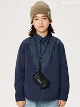 深い青のパッチワークキッズシャツジャケット【秋冬用・裏地が暖かい】