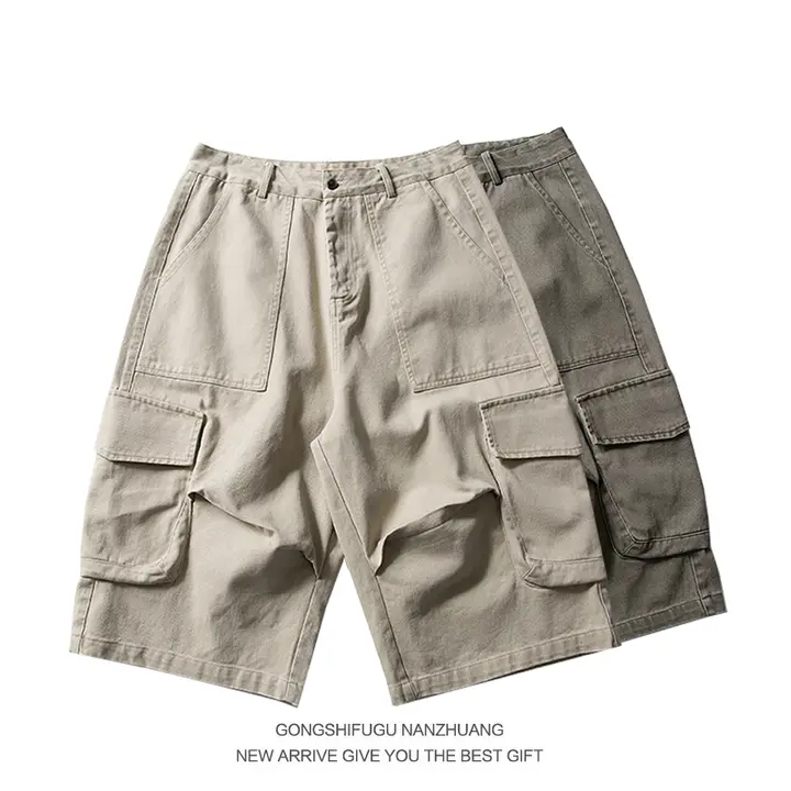 夏用 アメリカンレトロ ウォッシュコットン 多ポケット ワイドレッグ ハーフパンツ【ユニセックス・フィット】（セットアップ対応）