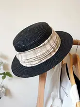 黒色レトロコットンリネン素材中式編み平頂帽子【夏用・日焼け防止・女性用】