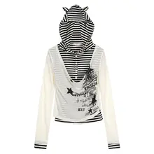 ストライプ柄猫耳フード付き長袖Tシャツ【春用・スリムフィット・メッシュデザイン】（セットアップ対応）
