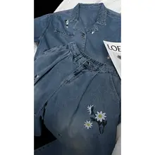 セットアップ メンズ デニムシャツ 半袖 デニムパンツ フラワー刺繍 ヴィンテージ カジュアル 夏