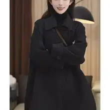 小柄向け ダブルブレスト中長丈ウールコート【フラップカラー・二重仕立て・スリムフィット】