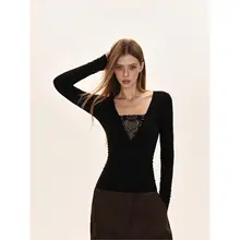 レディース長袖Tシャツ【レースデザイン・セクシー・スリムフィット・秋用】