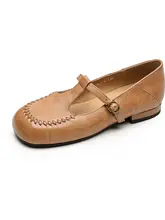 快適な履き心地のフレンチスタイルのマリージェンシューズ【丸頭・ローヒール・アプリコットカラー・本革】