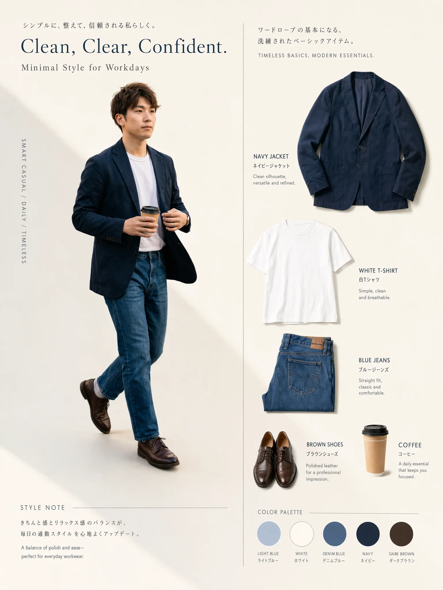 ブルーのストレートデニム、シルバーの腕時計、白のクルーネックTシャツ、ダークネイビーのブレザー、ダークブラウンのレザーシューズを組み合わせたコーディネート
