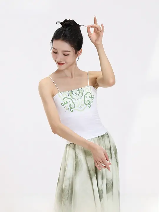 白色の印花付きダンストップス【女性用・中国風・キャミソールデザイン・練習用】