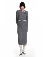 ラメニットセーターとレースのコンビネーションファッション【混合ウール・デザイン仕 立て】（セットアップ対応）