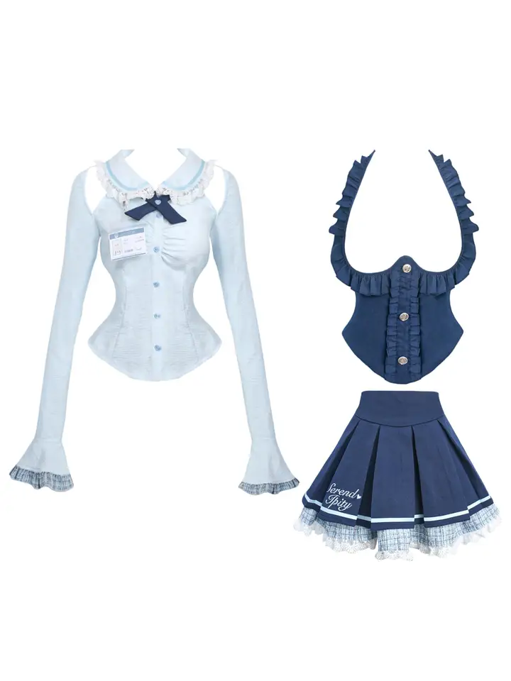 少女学院スタイル 春用の薄青いシャツと青いベストと青いスカート（セットアップ対応）
