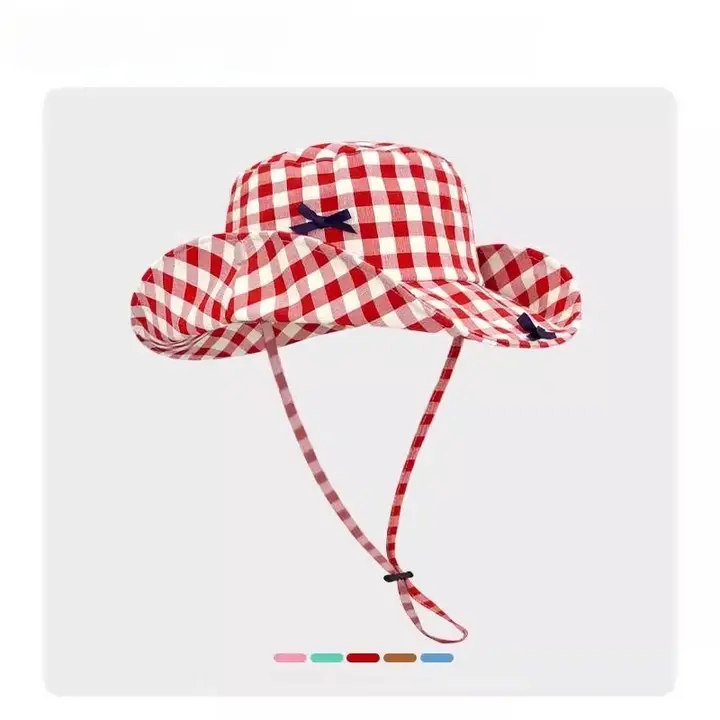 赤いチェック柄のリボン付きの女性用フィッシャーハット【夏用・UVカット・アメリカンヴィンテージ】