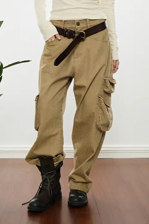 AHNKANK ワイドレッグカーゴパンツ【アメリカンビンテージ・ウォッシュ加工・立体ポケット・ルーズフィット】