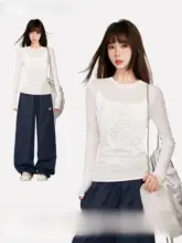 白色薄手フラワープリント長袖Tシャツ【UVカット・スリムフィット・透け感あり】