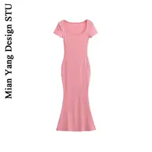 コットン素材のシンプルロングフィッシュテールドレス【短袖・リッチスタイル・小柄対応】