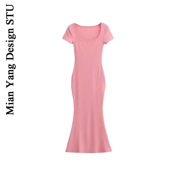 コットン素材のシンプルロングフィッシュテールドレス【短袖・リッチスタイル・小柄対応】