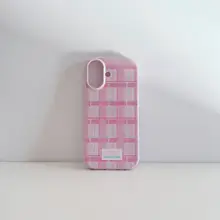シンプルでおしゃれな水彩風ピンクチェックiPhoneケース【カメラボタン対応・フルカバー・ソフトタイプ】